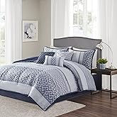 Madison Park Luxury Comforter Set-Traditional Jacquard Design All Season Down Alternative Bedding, Matching Bedskirt, Decorative Pillows, King(104"x92"), Bennett, Geometric Navy 7 Piece