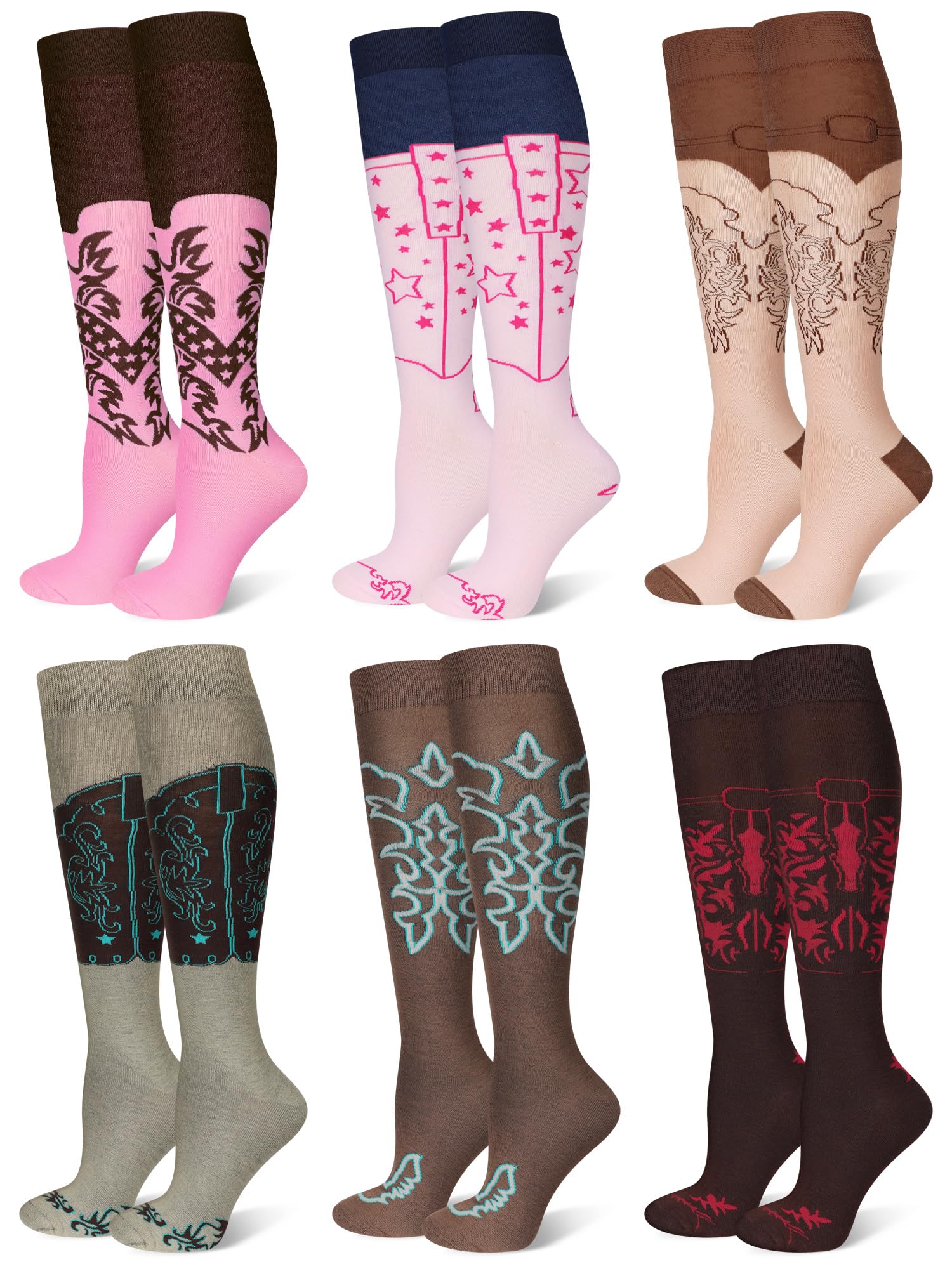 Photo 1 of Twistover 6 Pairs Cowgirl Boot Socks Western Cowboy Boot Knee High Socks for Women Western Outfits Accessories(Classic)