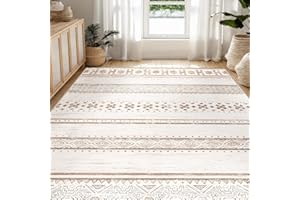 BESTSWEETIE 5x7 Area Rug for Living Room Washable Rug Moroccan Farmhouse Neutral Geometric Low Pile Water Repellent Non-Slip Soft Rug for Dining Room Bedroom Cream/Brown