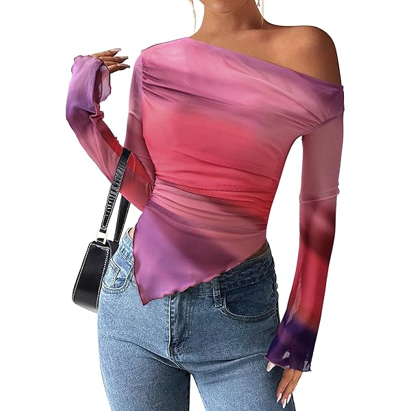 Verdusa Women's Y2k Off The Shoulder Tops Mesh Long Sleeve Crop