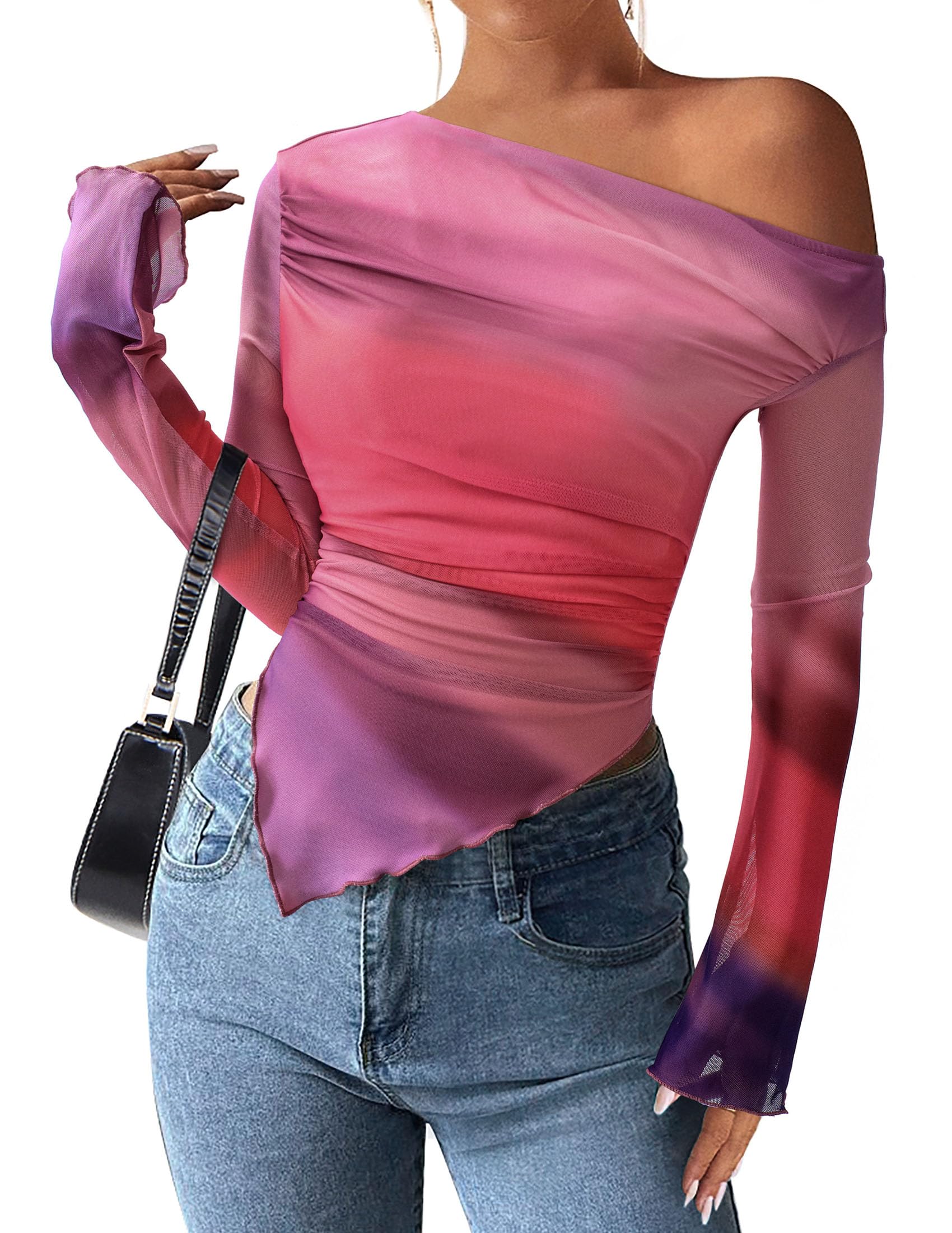 PRETTYGARDEN Womens Fall Trendy Off Shoulder Y2k Tops 2025 Tie Dye Mesh Long Sleeve Shirts Asymmetrical Ruched Floral Blouse