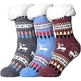 WORLD-BIO Winter Christmas Slipper Socks for Women – 3-Pair Non-Skid Silicone Grip Floor Socks, Cozy Fuzzy Cabin Socks, Size 5-11, Cozy Christmas Gift Socks, Machine Washable