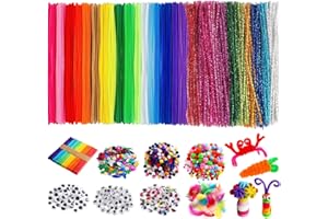 NEEDBROCK 1200 Pcs Pipe Cleaners Craft Set, Multi-Color Chenille Stems 200 Pcs Pipe Cleaners Bulk 400 Pcs Pom Poms 200 Wiggle Eyes Craft Supplies (6 mm x 12 Inch)