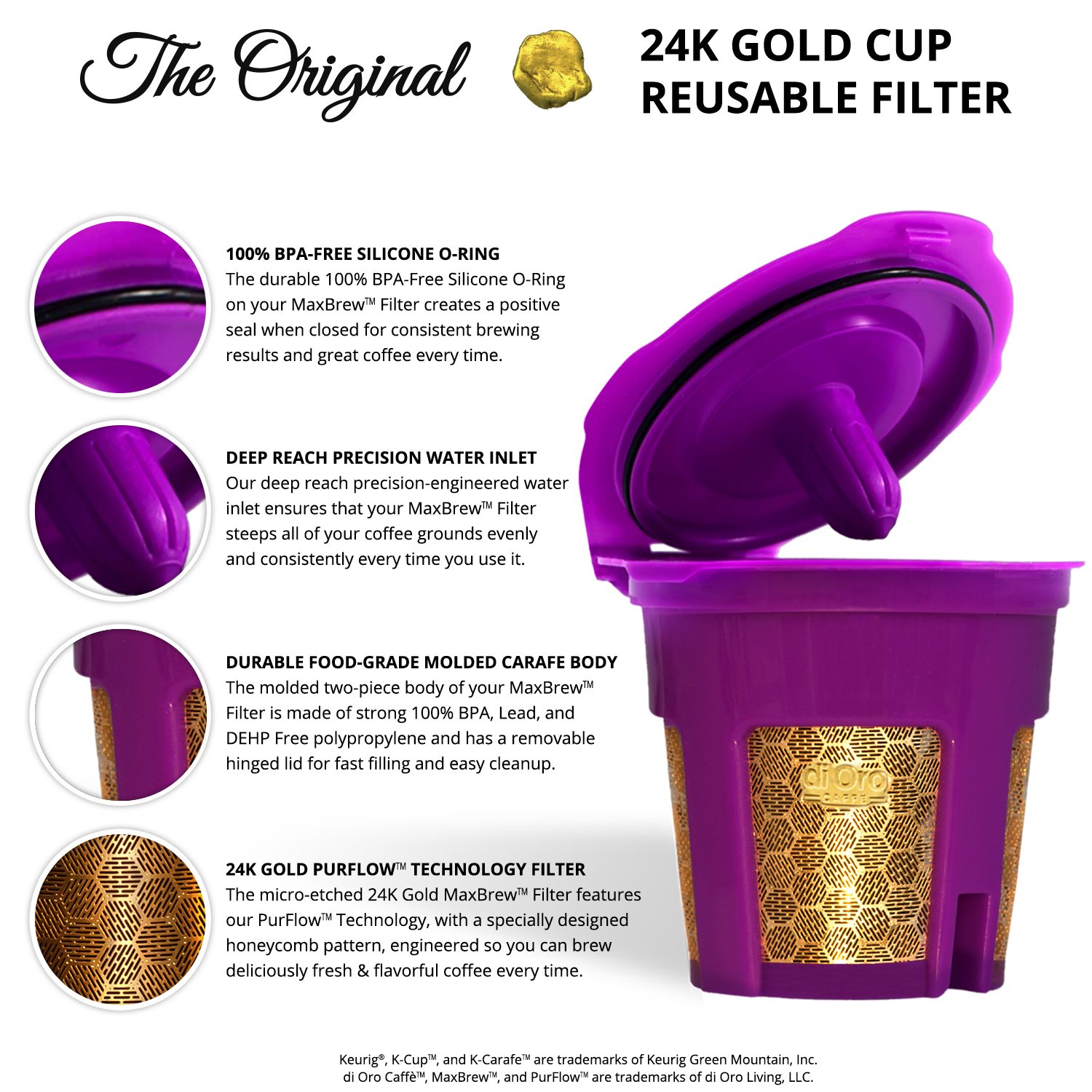 DI ORO - MaxBrew 24K GOLD K-Cup Reusable Filter for Keurig 2.0/1.0 Small Single K-Cup
