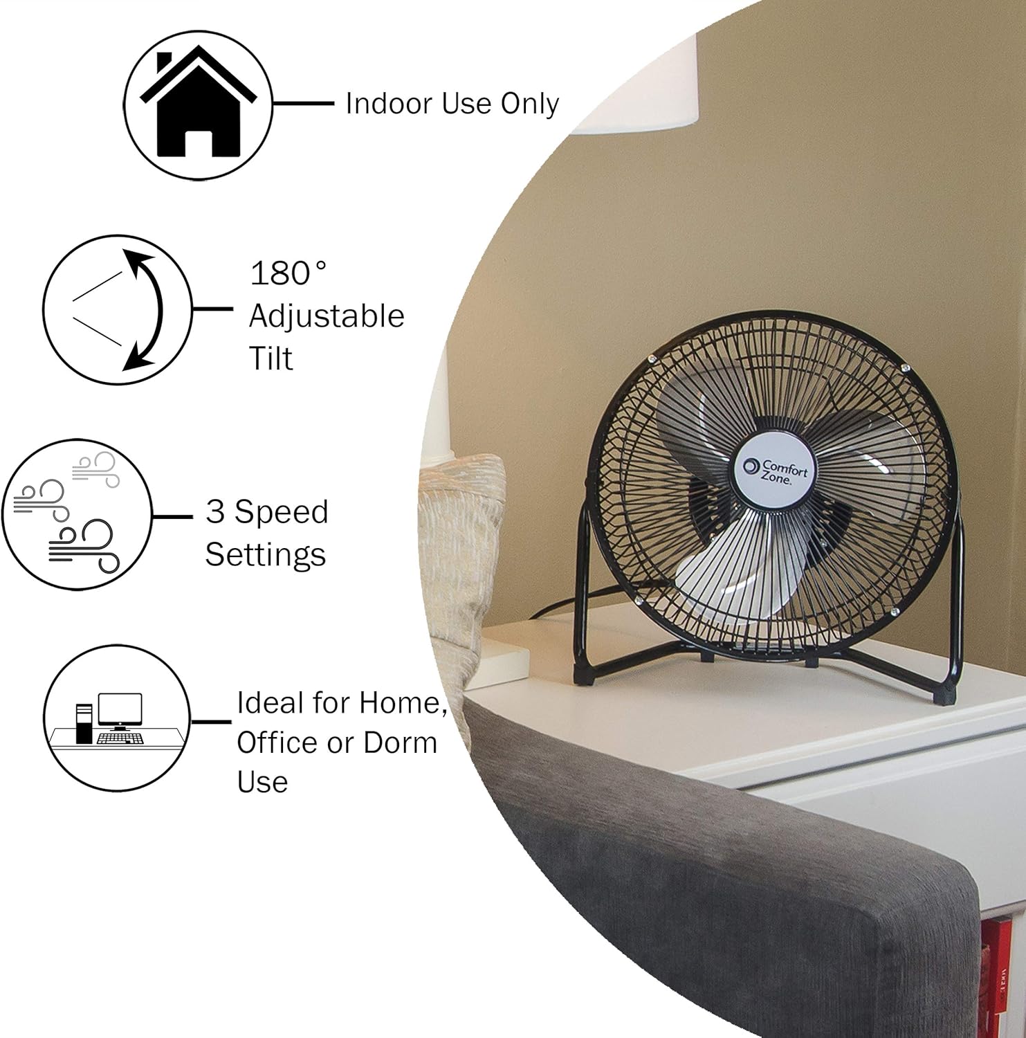 Comfort Zone CZHV9B 9-inch High Velocity 3-Speed Floor Fan with 180-Degree Tilt: Home & Kitchen