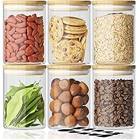 6 Piece Glass Storage Jars Set with Airtight Bamboo Lids and Labels, 18.6oz/550ml Glass Spice Jars Food Storage Containers fo
