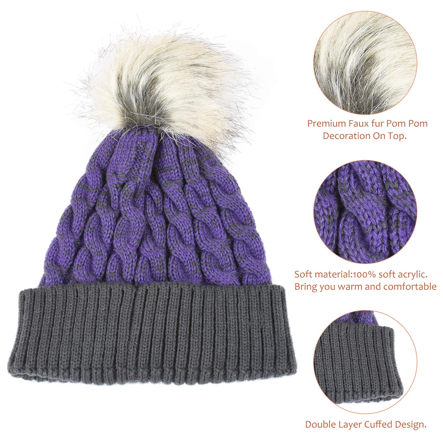 Winter Cable Knit Faux Fur Pom Pom Skull Ski Cap Two-Toned Cuff Beanie