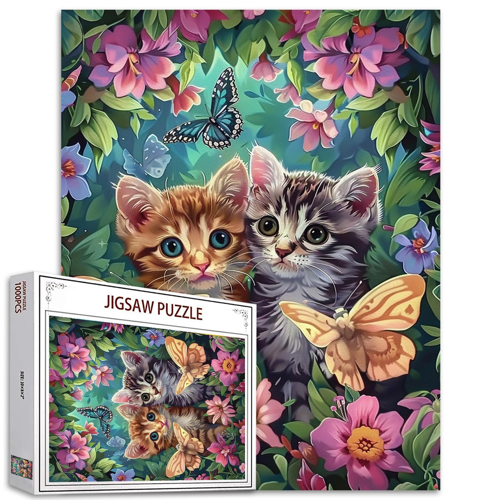 1000 Piece Jigsaw Puzzles for Adults Animal Two Cats Painting Jigsaw Puzzle Tropical Flowers Puzzles for Challenging Family Activity Game Wildlife Couple Art DIY Puzzle Wall Decor Gifts(Colorful) — image 1