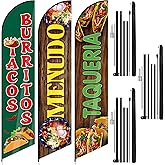 Fanfanwin 3 Pack Tacos Burritos Menudo Feather Flag Kits 15 ft Mexican Restaurant Advertising Flag Pole Mexican Food Banner Signs with Pole and Ground Stake for Restaurant Store Business Outside