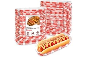 Ocmoiy 300 Pcs Paper Hot Dog Trays Disposable for Party and BBQ, Food Serving Hot Dog Holders Hotdog Boats 6 Inch Small Fluted Paper Food Trays (Red)