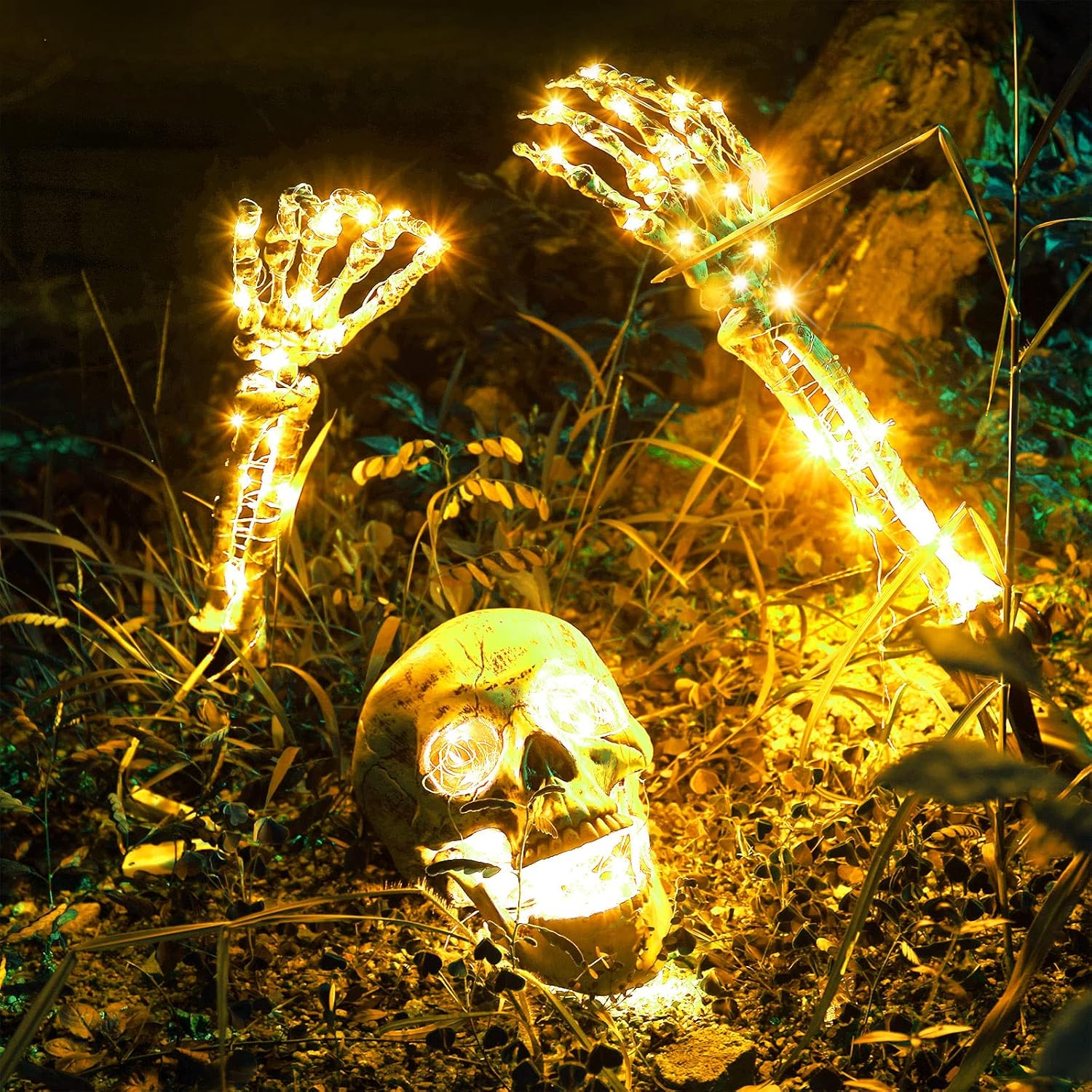 Decorative Garden Stakes - 3 Pack Halloween Skeleton Stakes Outdoor Decorations Realistic Graveyard Skeleton Yard Stakes Lighted Skeleton Skull Arm Stakes Lawn Light up Stakes Garden Scary Ground Skeleton Stake(Warm White)