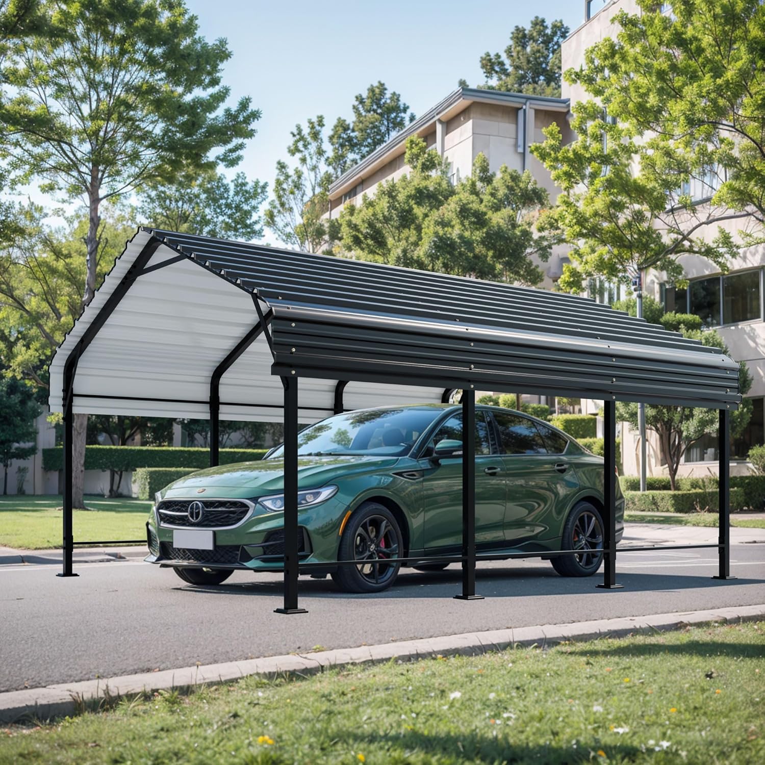 A green sedan parked underneath the Shintenchi 12x15 FT Metal Carport, demonstrating its use as vehicle shelter.