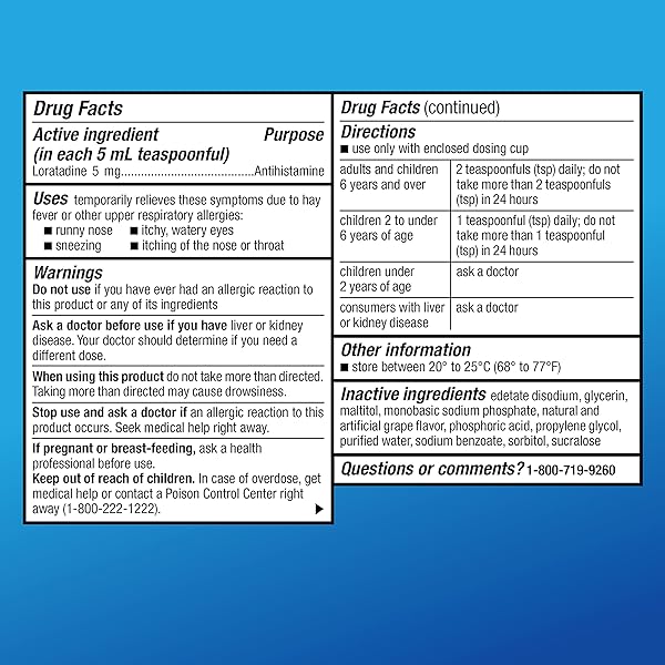 AMAZON BASIC CARE CHILDREN’S ALLERGY MEDICINE, 24 HOUR LORATADINE ORAL SOLUTION 5 MG/5 ML, NON-DROWSY ANTIHISTAMINE, GRAPE FLAVOR, AGES 2 AND OLDER, 8 FLUID OUNCES
