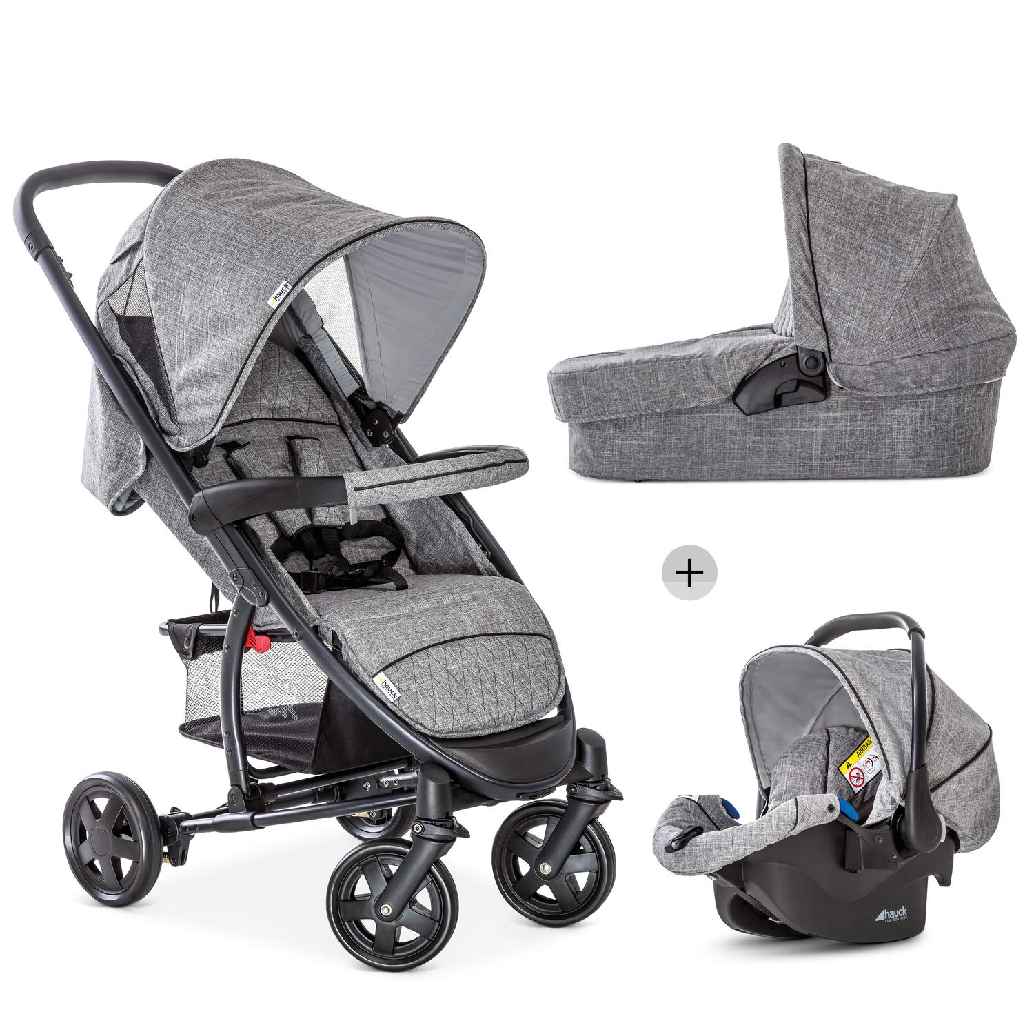 Hauck Malibu 4 Trio Set 3in1 Kombi Kinderwagen bis 18 kg + Babyliegeschale Gruppe 0 + Babywanne mit Matratze, Sportwagen mit Liegeposition ab Geburt, leicht, klein faltbar, grau