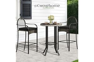 YITAHOME 3-Piece Outdoor Wicker Bar Height Set with Cushioned Barstools, Patio Bistro Furniture for Balcony and Poolside, Black