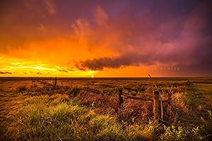SOUTHERN PLAINS PHOTOGRAPHY Great Plains Photography Print (Not Framed) Picture of Warm Sunset Over Barbed Wire Fence on Stormy Evening in Oklahoma Prairie Wall Art Western Decor (40" x 60")