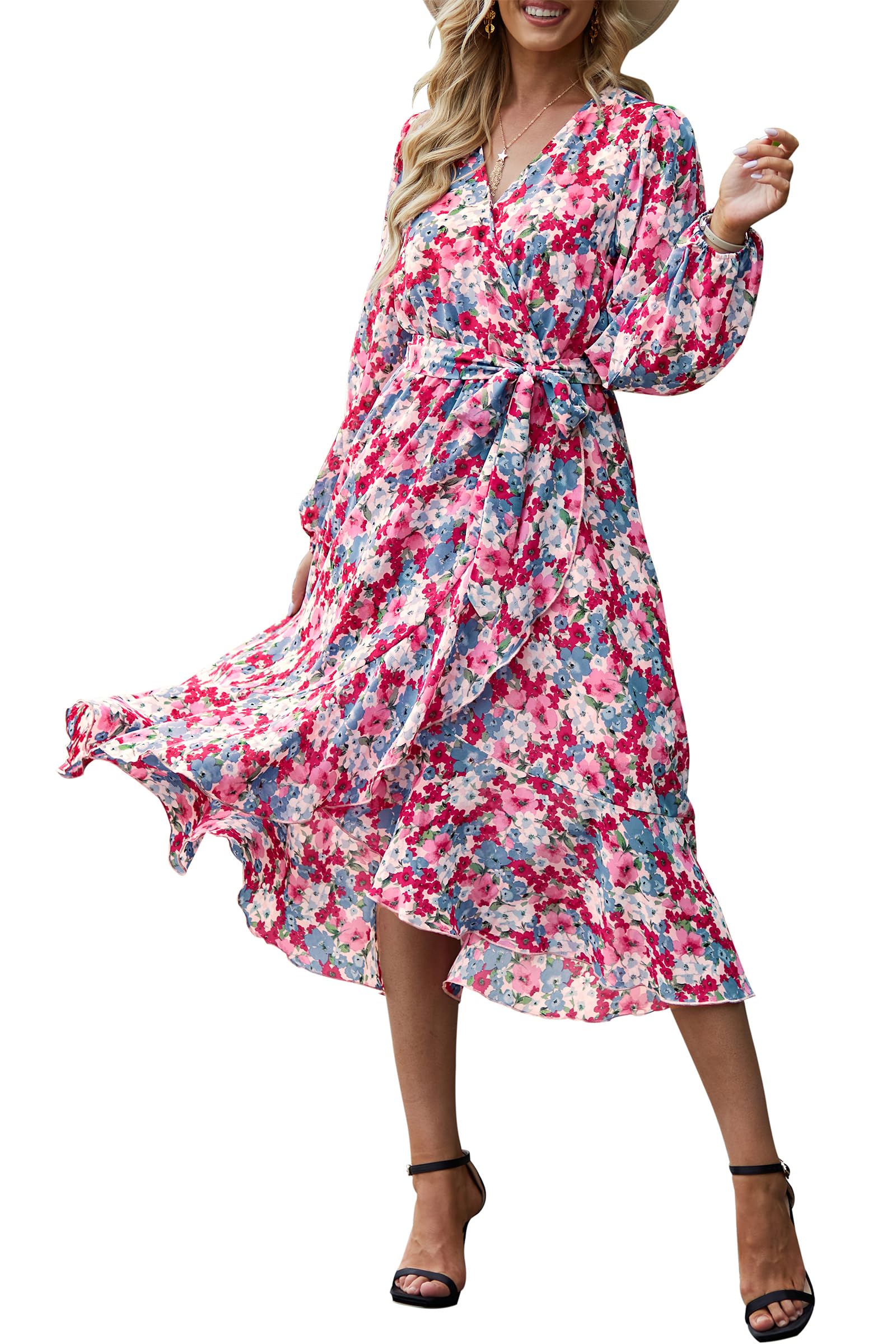 Photo 1 of **MISSING BELT***PRETTYGARDEN Women's Floral Boho Dress Fall Long Sleeve Wrap V Neck Ruffle Flowy Maxi Spring Wedding Guest Vacation Dresses (Floral Pink,Large)