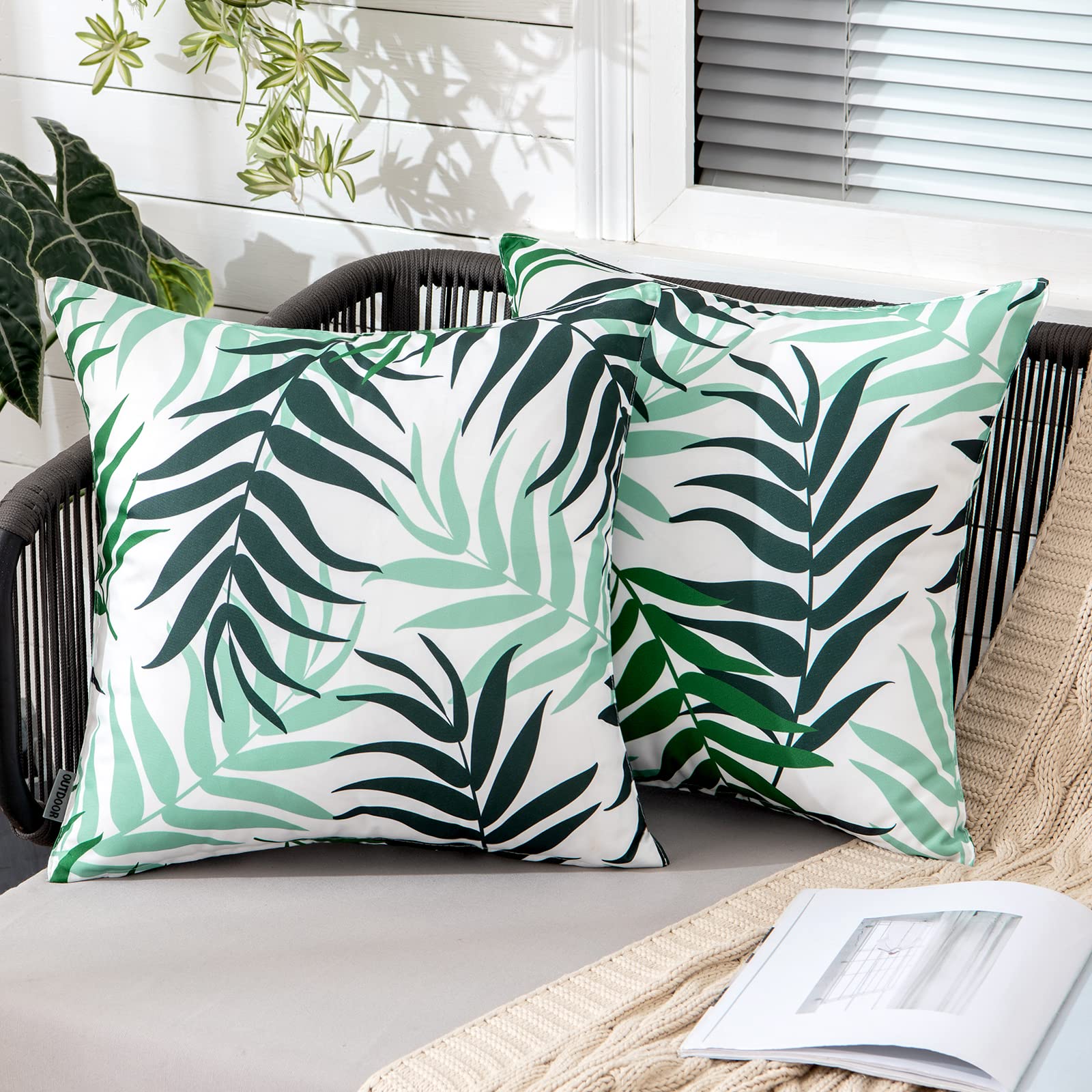 MIULEE Outdoor Cushion Covers Waterproof Polyester Throw Pillow Cover Square Decorative Pillowcase with Leaf Patterns for Garden Sofa Livingroom Bedroom Tent Park 2 Pieces 20x20 Inch Dark Green — image 1
