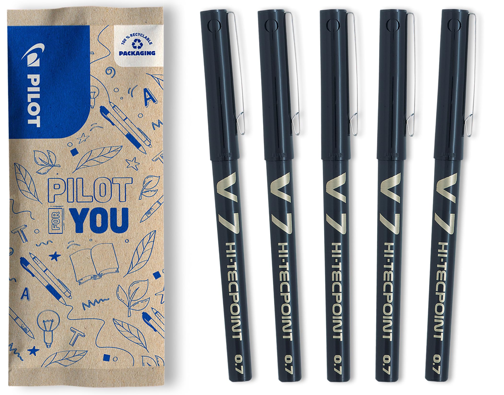 PILOT - Set of 5 V7 - Liquid Ink Rollerball - Black - Medium Tip