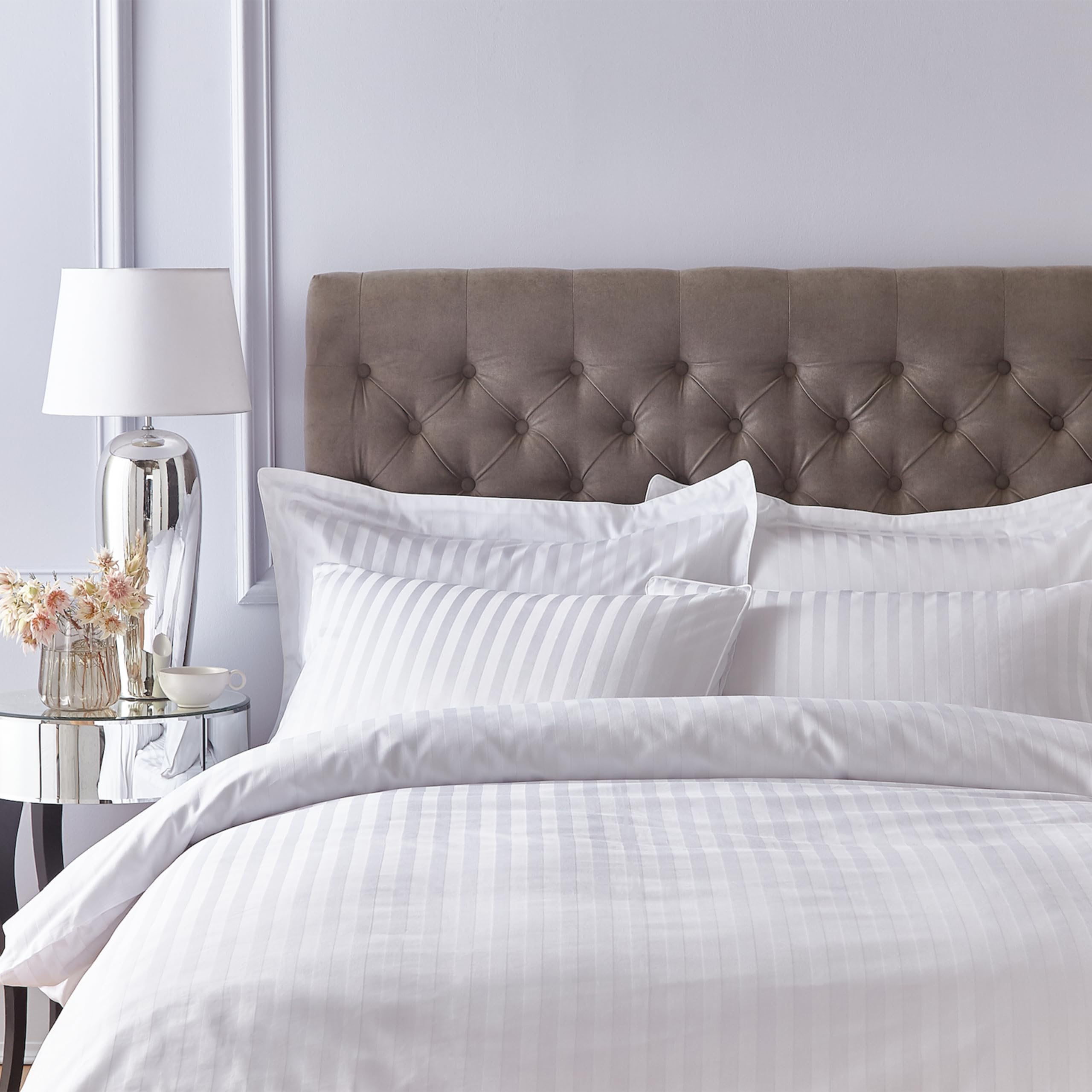 Bianca 200 Thread Count Cotton Sateen Stripe Single Duvet Cover Set with Pillowcase White