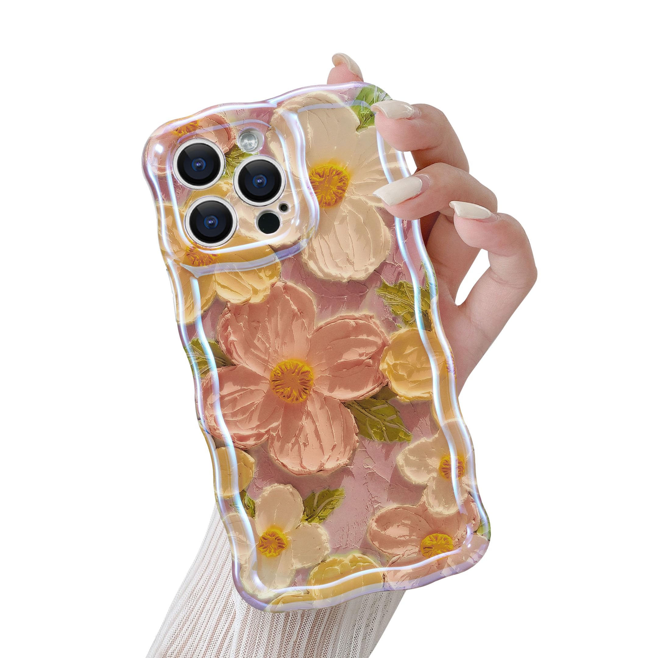 QLTYPRI Case for iPhone 14 Pro Max, Colorful Retro Oil Painting Flower Pattern Cute Curly Wave Frame Exquisite Phone Case for Girls Women, Shockproof Protective Phone Cover for iPhone 14 Pro Max- Pink