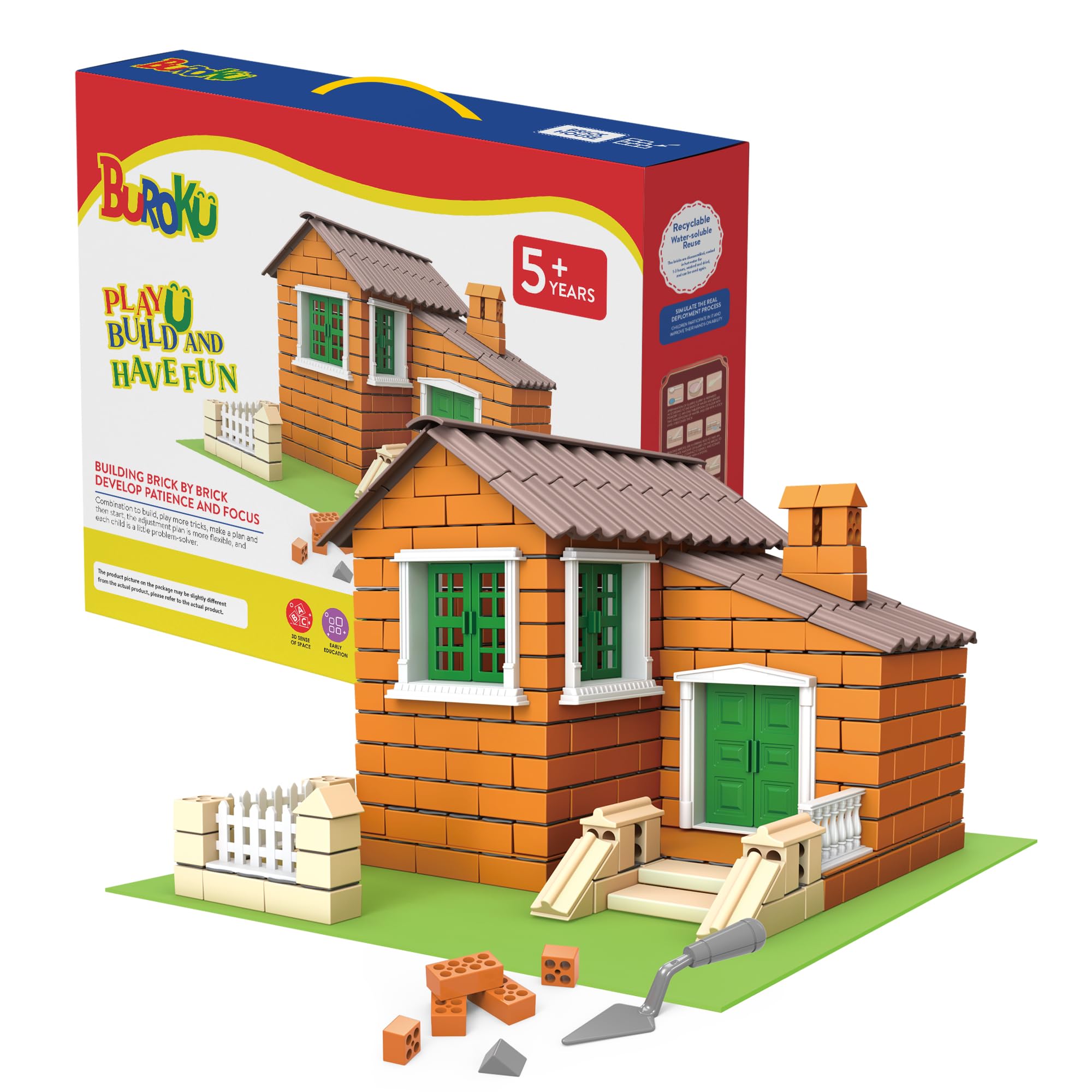 Buroku - Brick House Building Set | 304 Pieces of Safe ABS Plastic for Children | Enhances Early Skills and Intelligence Development | Recyclable Material, Plastic.