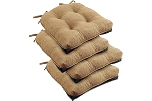 downluxe Indoor Chair Cushions for Dining Chairs, Tufted Overstuffed Textured Memory Foam Kitchen Chair Pads with Ties and Non-Slip Backing, 15.5" x 15.5" x 4", Taupe, 4 Pack