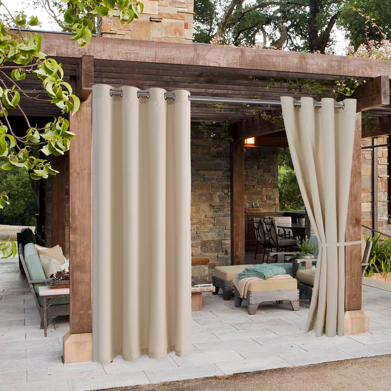 Outdoor Curtains - Hiasan Outdoor Curtains for Patio Waterproof, 100 x 84 inch - Privacy Indoor Outside Curtains for Gazebo/Porch/Pergola (Beige, Single Panel Sewn with 2 Tiebacks, Top of Grommet)