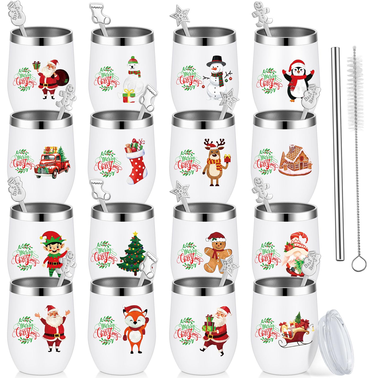 View 1 of *missing some mugs* Sliner 16 Pcs Christmas Funny Wine Tumbler Spoon Set 12 Oz Stainless Steel Tumbler with Straw Brush Double Wall Insulated Travel Coffee Mug for Christmas Xmas Party Decorations Holiday Gift