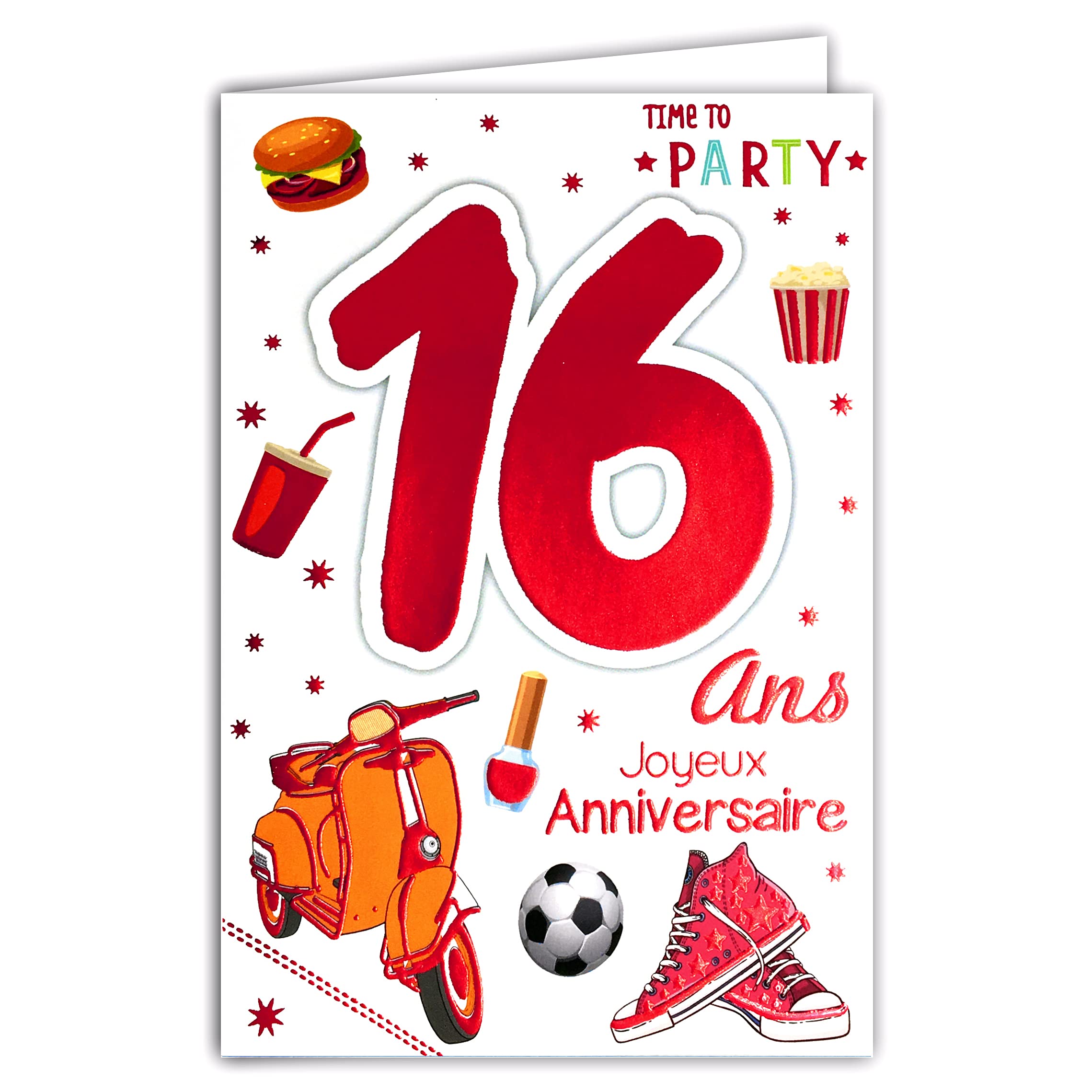 Afie 69-2116 Happy Birthday Card 16 Years Boy Girl – Colour Depending on Availability (Red, Copper Orange) – Scooter Gifts Hamburger Basketball Football Nail Polish Happy Birthday