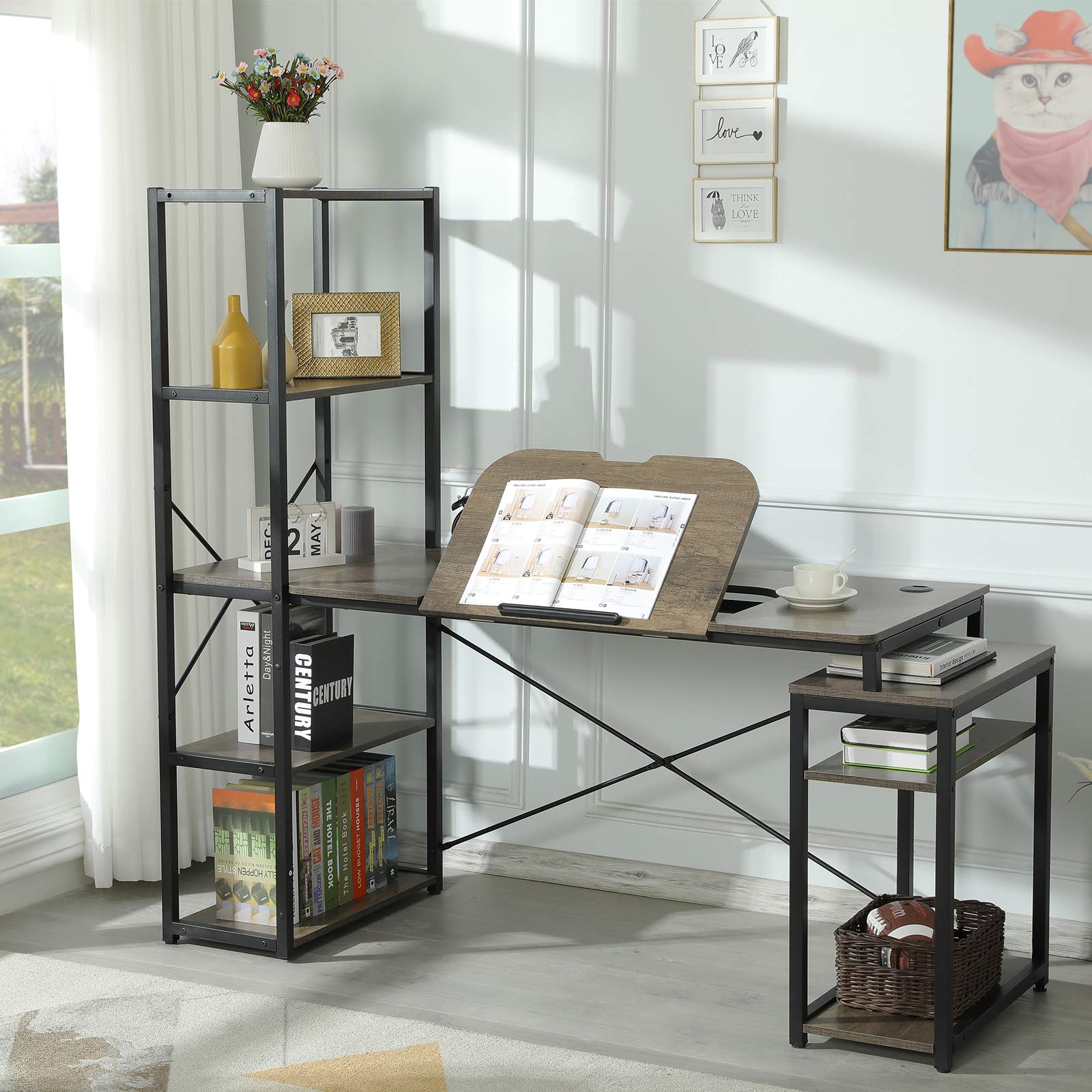 Buy Sedeta Art Desk for Adults, Industrial Computer Desk with Shelves, Drafting Table for