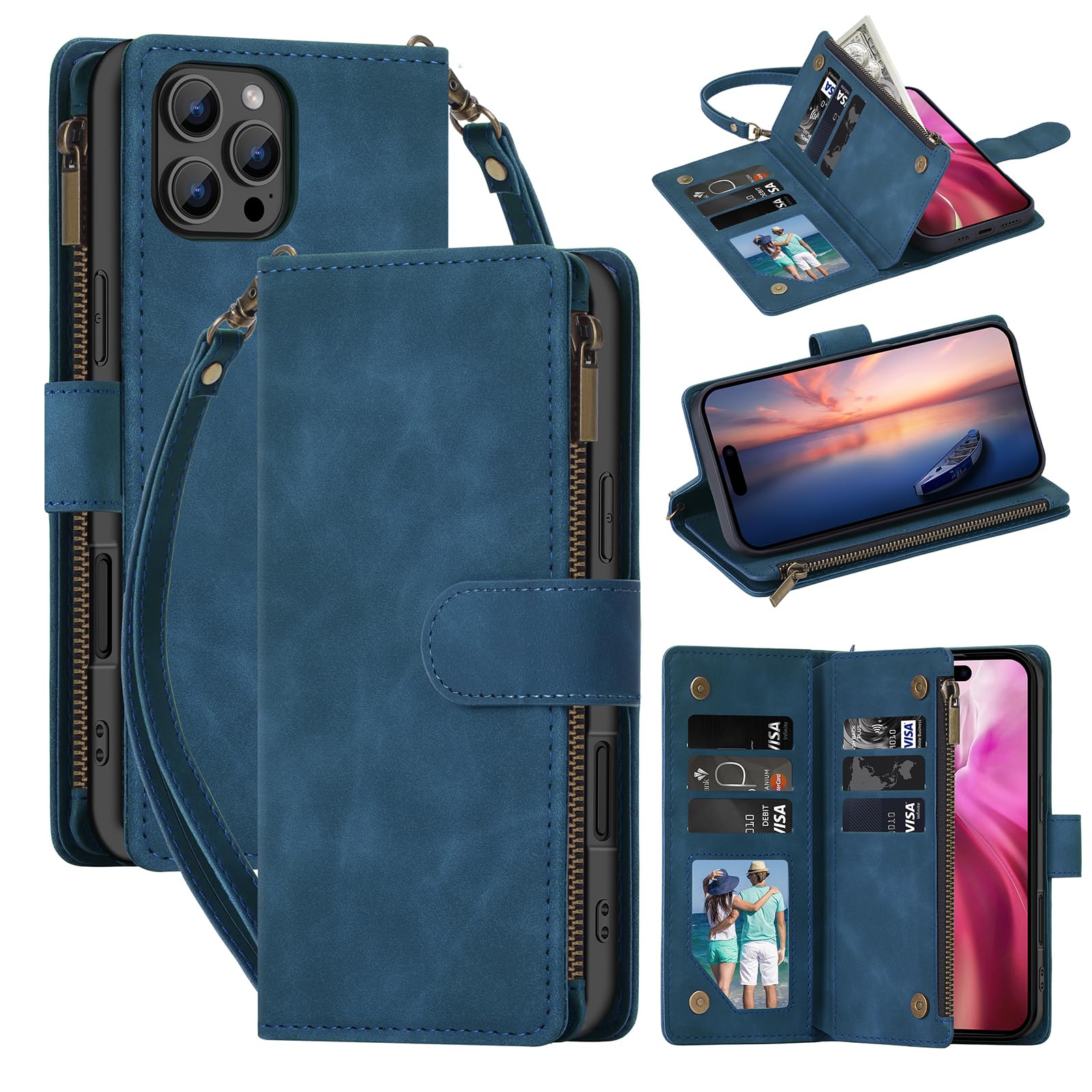 QLTYPRI Case for iPhone 16 Pro Max 6.9 inch, Large Capacity Leather Wallet Case 6 Card Holder & 1 Zipper Pocket Kickstand Wrist Strap Magnetic Case for iPhone 16 Pro Max - Blue