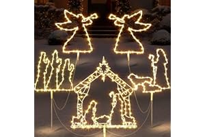 ElectricWise 66 Inch Nativity Scene Set Outdoor Yard Stakes, 5 Pack Lighted Metal Christmas Nativity Set Silhouette Stakes, Holy Family, Christmas Decorations for Front Yard, Lawn