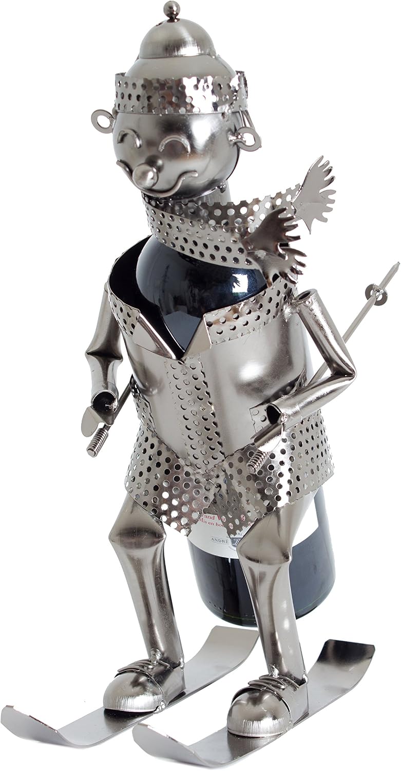 BRUBAKER Wine Bottle Holder Skier Metal Sculpture Gift, Silver, 36x18x26 centimetres - Image 3