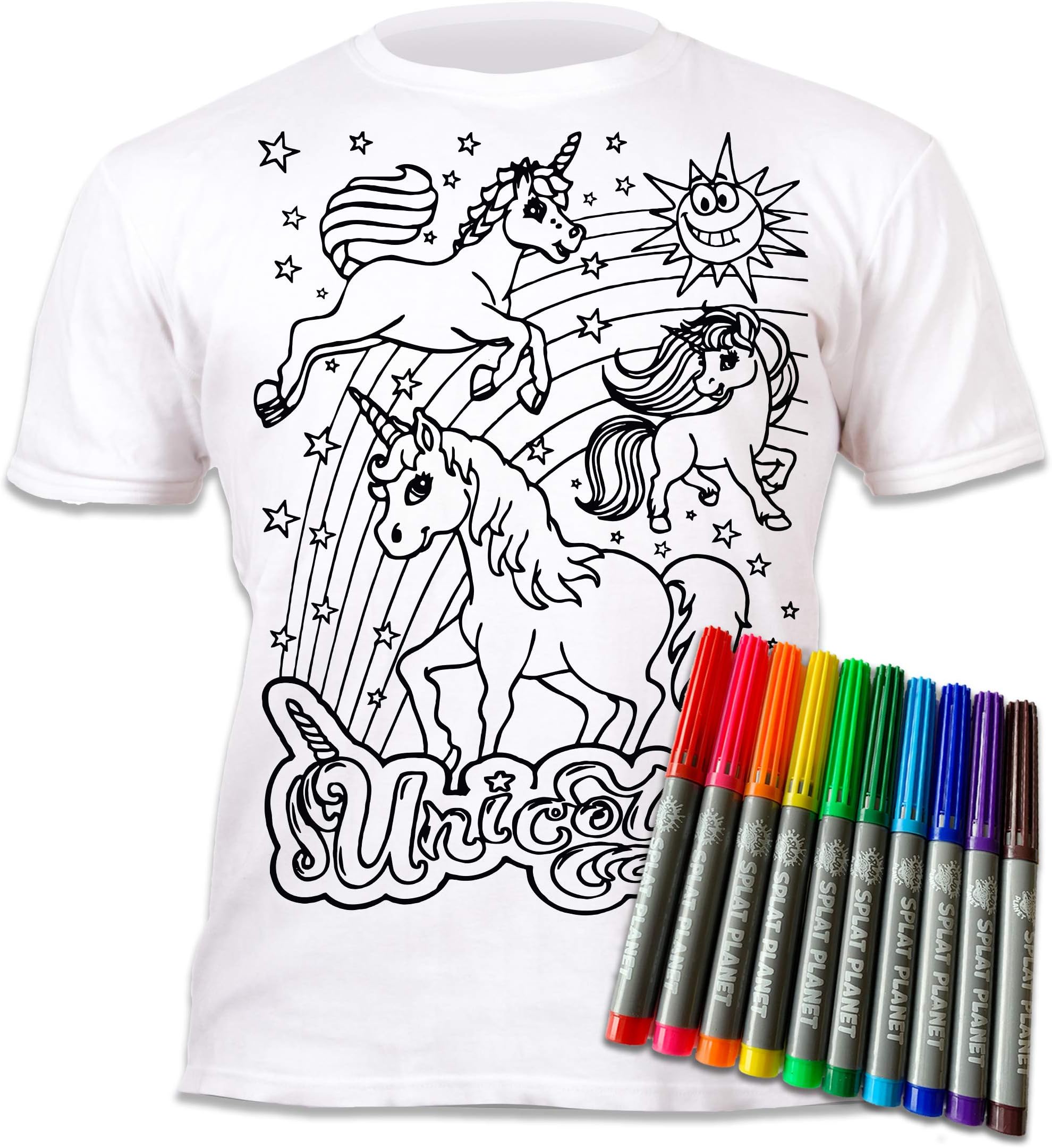 Splat Planet Colour-in Unicorn T-Shirt with 6 Non-Toxic Washable Magic Pens - Colour-in and Wash Out T-Shirt