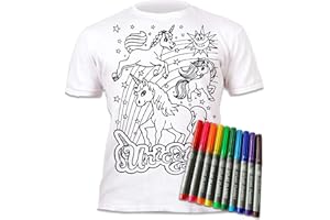 Splat Planet Color in Unicorn T-Shirt with 10 Non-Toxic Washable Magic Pens - Color in and Wash Out and Color in Again T-Shirt (Age 7-8) White