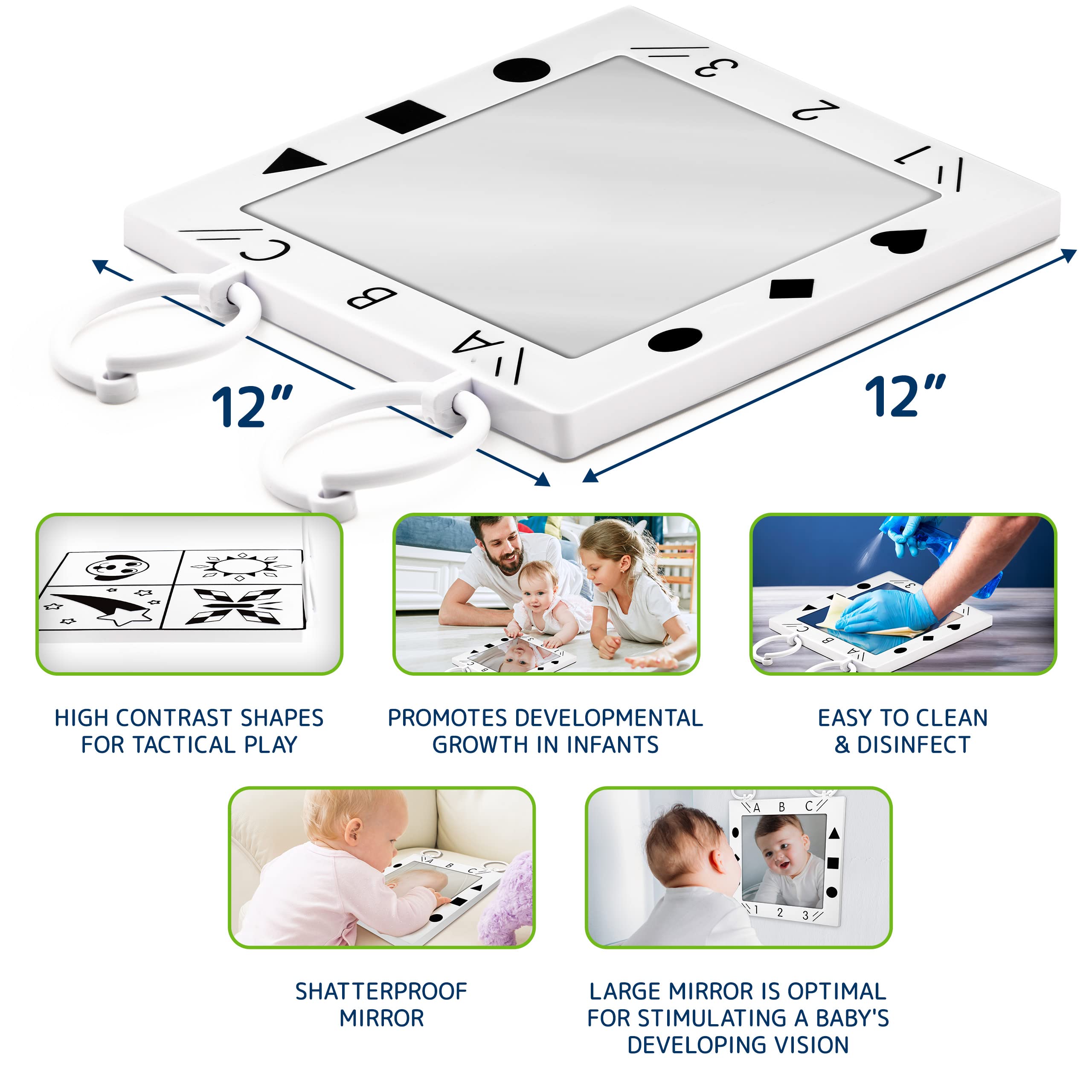 Baby Mirror, Doctor Designed Large Crib, Floor or Wall Mirror for Babies - High Sensory Toys for Babies - Promotes Vision and Brain Development - Crib Toys for Infants - Safe Tummy Time