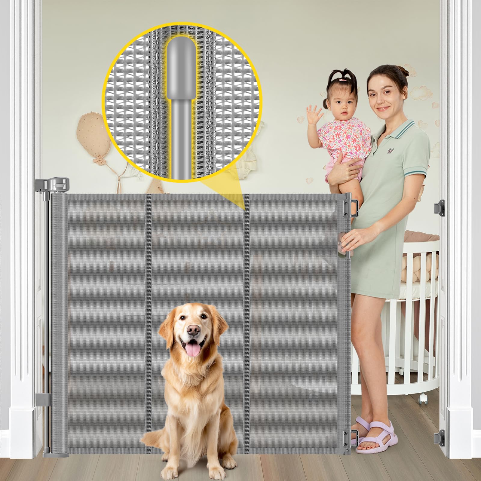 Photo 1 of Reinforced 42” Extra Tall Pet Gate for Doorways, Extends up to 60” Wide, Extra Tall Retractable Baby Gates with Rods to Prevent Crawling Through Retractable Mesh Dog Gate Indoor Outdoor, Gray
