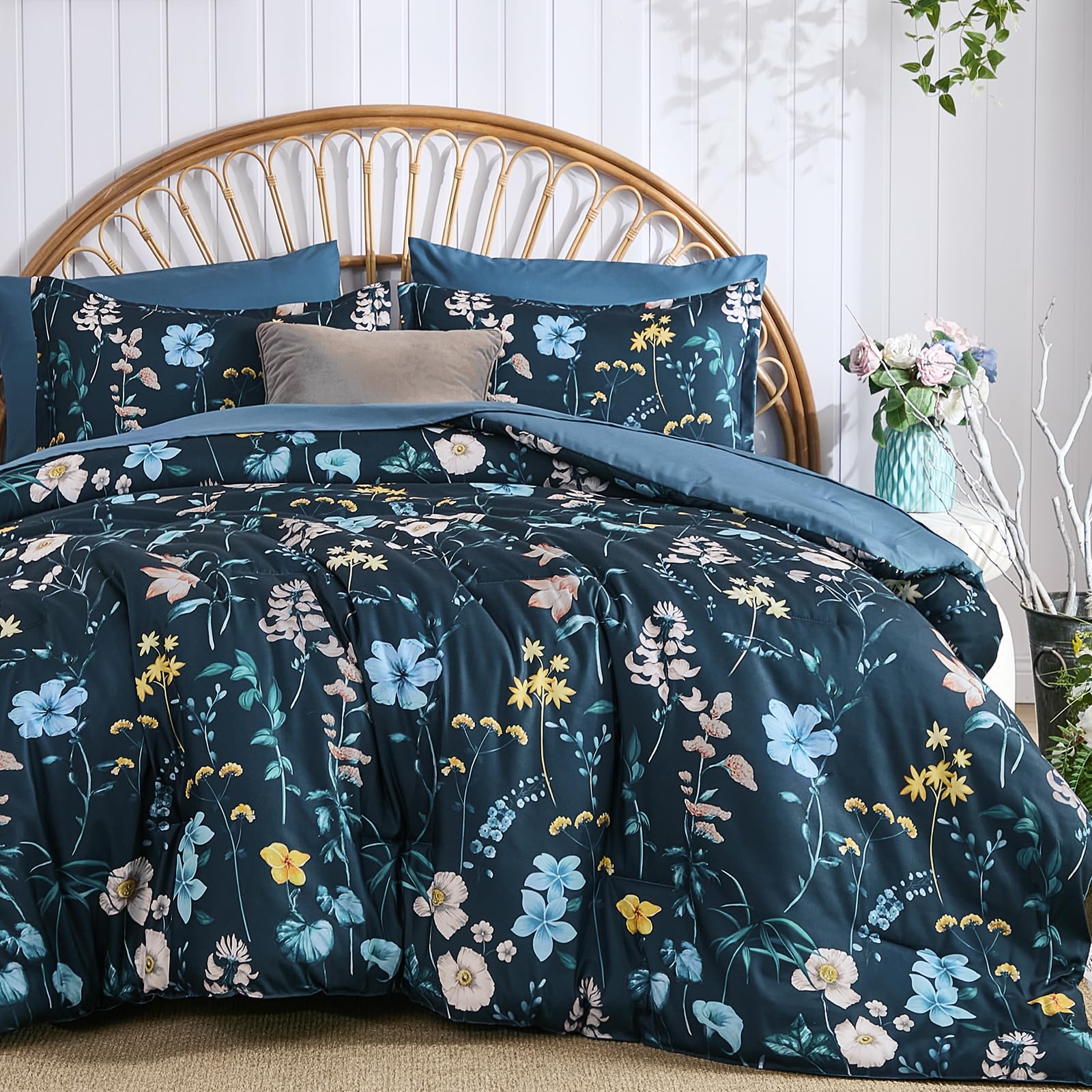 Photo 1 of DJY Comforter Set King Size,Teal Blue Floral Bedding Comforter Sets,7 Pieces Bed in a Bag Lightweight Botanical Comforter Set with Sheets Pillowcases & Shams for All Seasons