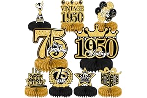 Refavor 75th Birthday Decorations for Men - 9PCS Black Gold 75th Birthday Honeycomb Centerpieces Table Decorations Women Vintage 75 Years Birthday Party Happy 75th Birthday Party Decor Supplies
