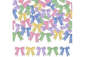 Meseey 50 Pcs Gingham Ribbon Bows with Twist Tie 2.5" Pink Purple Blue Yellow Green and White Buffalo Check Premade Bows for Gift Wrapping Basket Wedding Baby Shower Brithday Party (Spring)