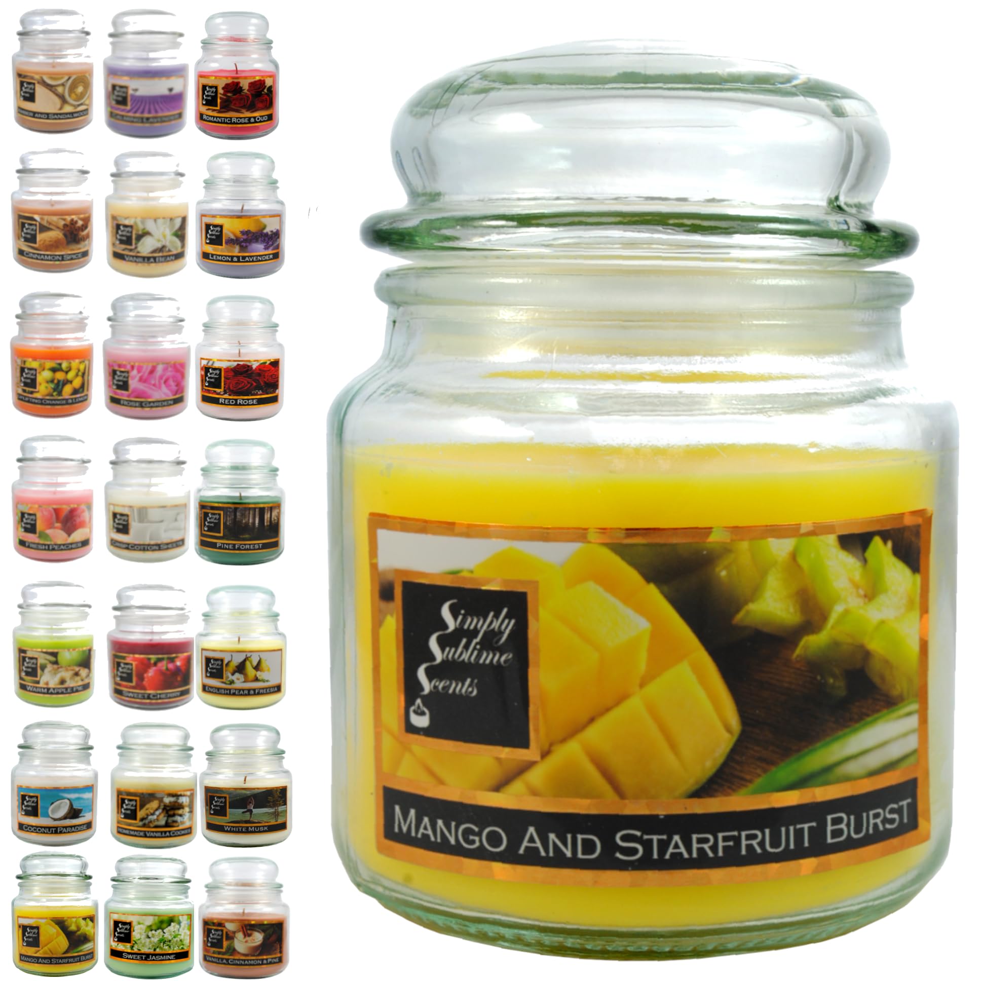 SIMPLY SUBLIME SCENTS - Luxury Scented Candle - Exceptional Fragrance Oil - Medium Glass Jar Up to 76 Hours - Clever Wax Formula For a Long, Clean & Even Burn - Mango and Starfruit Burst - Cotton Wick