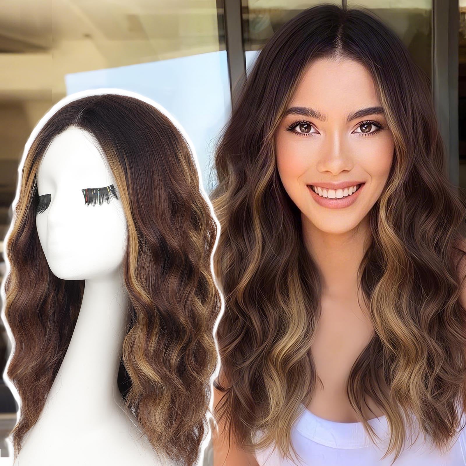 Photo 1 of AISI HAIR Highlights Brown Wig for Women Medium Length Wave Curly Glueless Synthetic Heat Resistant Hair Wigs for Daily Party Cosplay