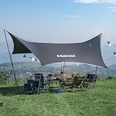 BLACKDOG Large Black Coating Camping Tarp with Poles, 216" L x 115" W | Waterproof Oxford Cloth Hammock Rain Fly, Anti-UV Camping Awning Tent Tarp with Guy Ropes Tent Stakes