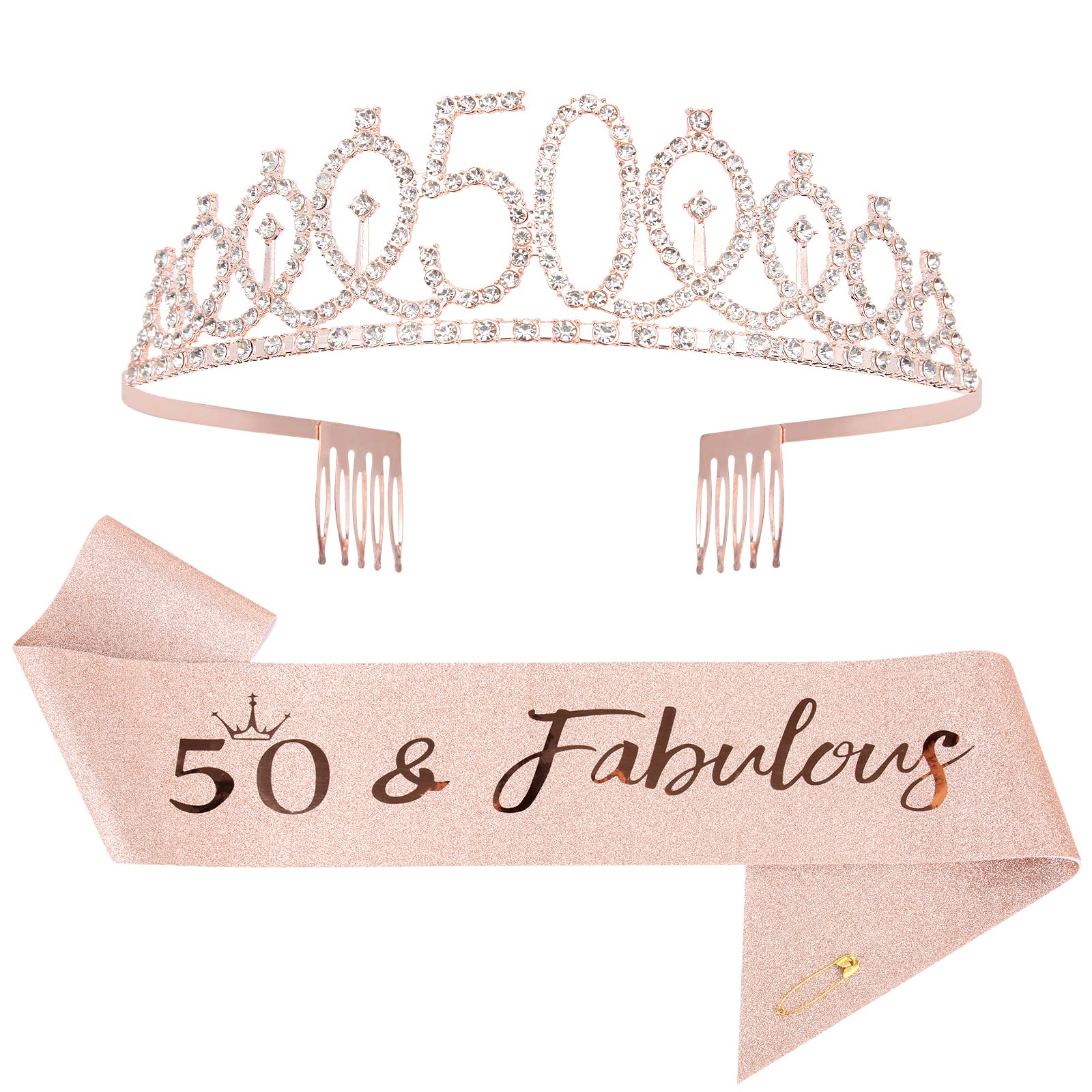 Mikccer Rose Gold 50th Birthday Sash and Tiara, Rhinestone Crown Headband for 50th Birthday Decoration Party Accessories