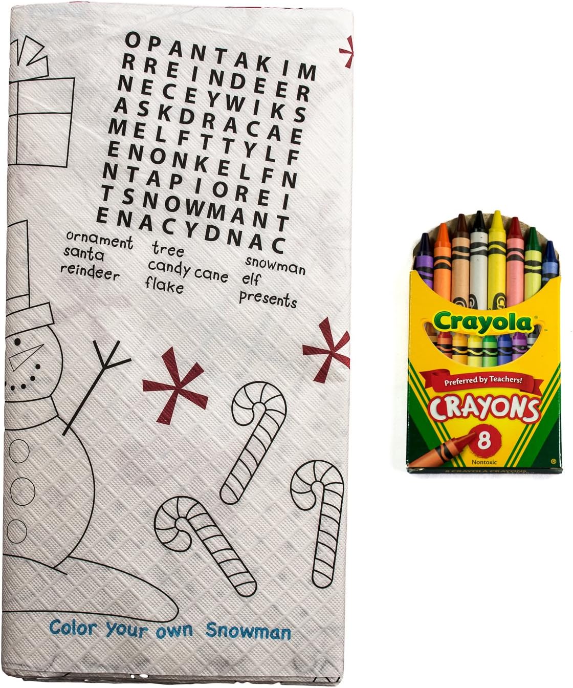 Kids Coloring and Activity Christmas Tablecover/Tablecloth Bundle - 2 Items: 1 Tablecover and 1 Box of 8 Crayola Crayons