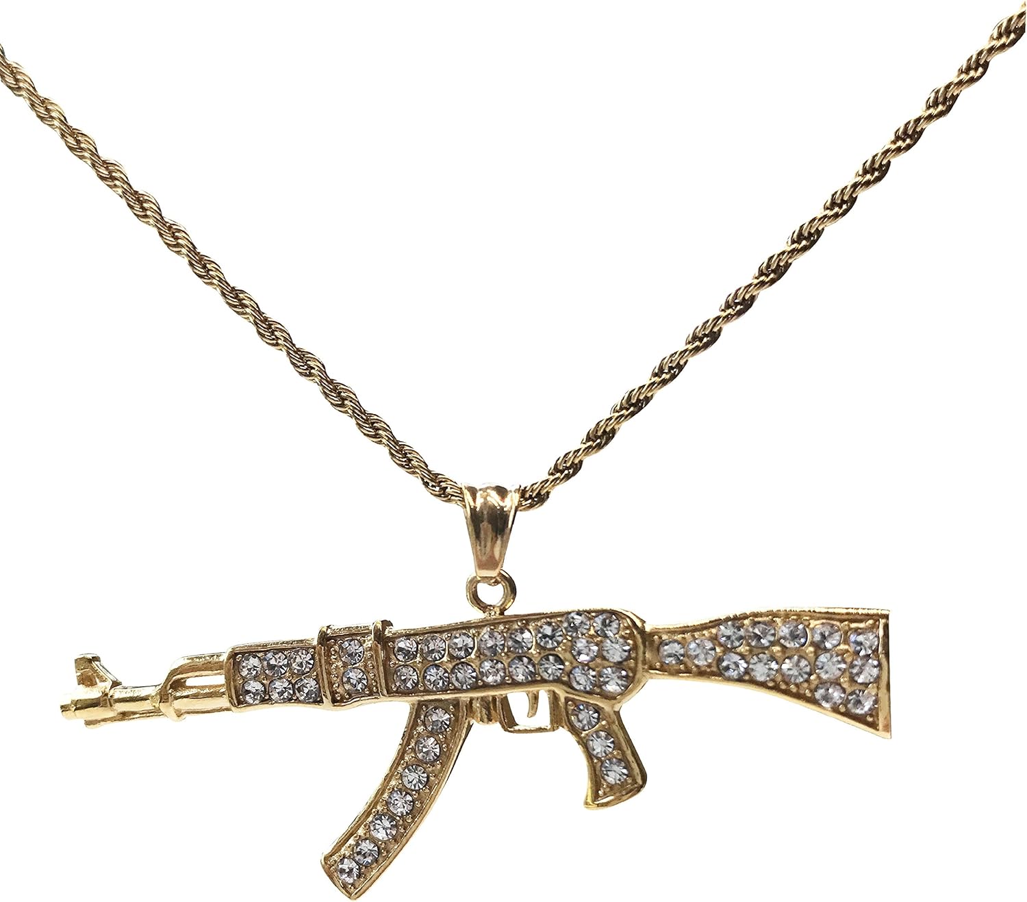 J.Shine Men14K Gold tone Stainless Steel Studded AK47 Gun Necklace
