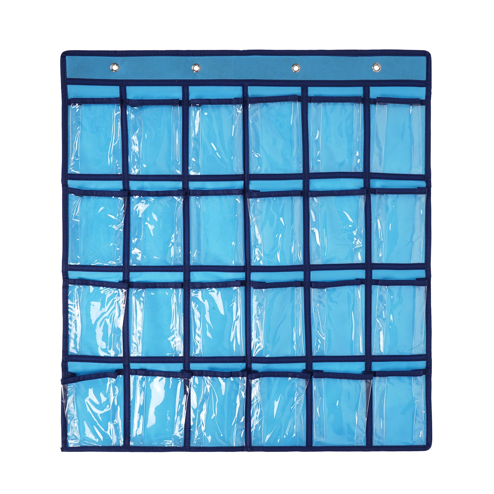 SAVORLIVING 24 Clear Pockets Classroom Pocket Chart Organizer, Cell Phones Calculator Holder with Hooks, Hanging Wall Door Calculators Phone Caddy (Blue)