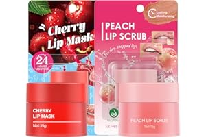 OUPEICHARM Cherry Lip Mask+Peach Lip Scrub for Women Dry, Cracked and Dark Lips – Lip Scrubber Exfoliator and Organic Lip Scrubs Exfoliator and Moisturizer with Lip Brush – Vegan, Cruelty-Free Lip Care Products