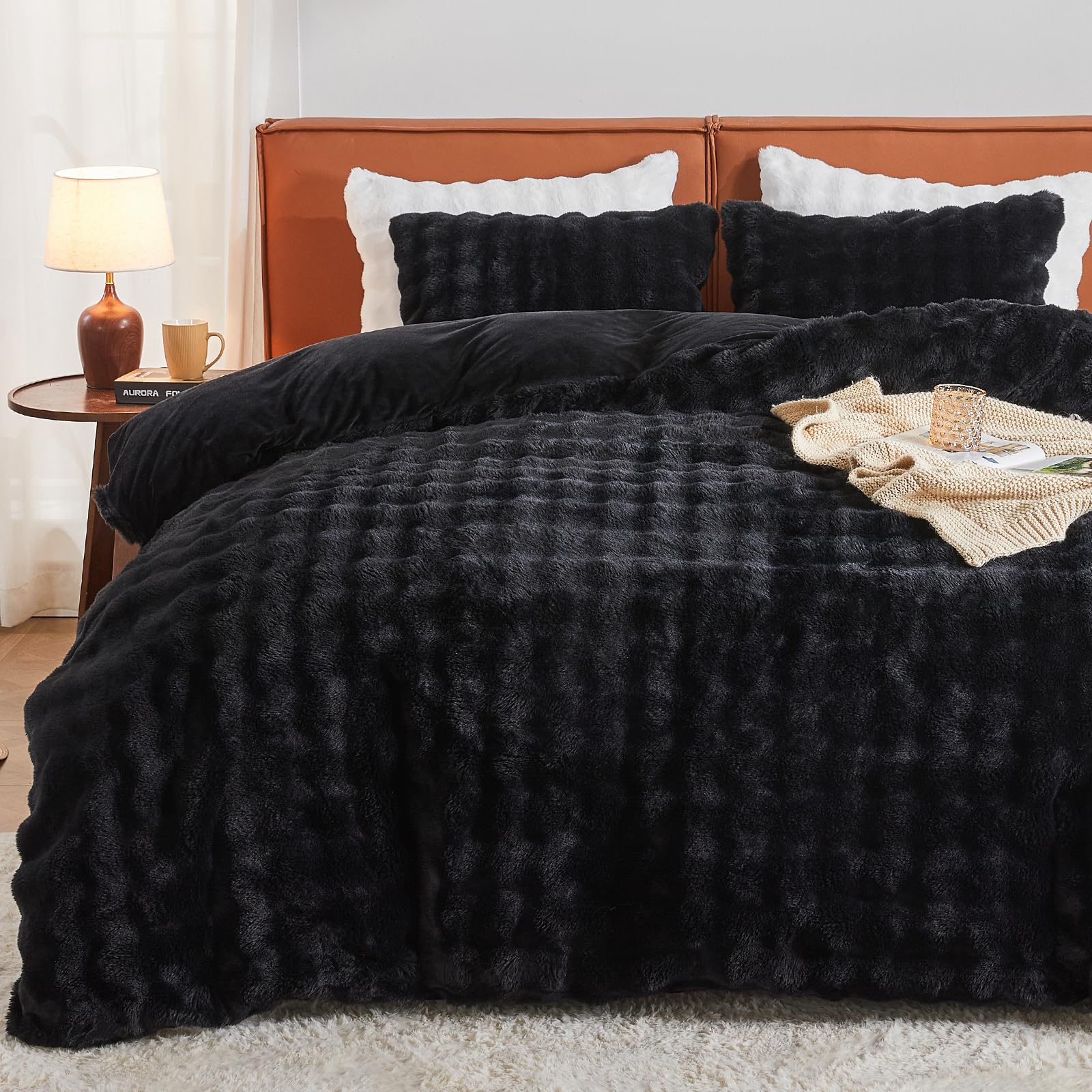 Photo 1 of **STOCK PHOTO FOR REFERENCE ONLY**EMME Faux Fur Duvet Cover Queen Size, 3 Pieces Ultra Soft Fluffy Comforter Cover, Cozy Warm for Winter, Luxury Elegant Shaggy Bubble Design Bedding, 1 Duvet Cover & 2 Pillow Shams (Queen, tan)